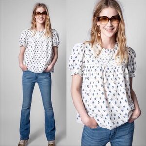 Zadig & Voltaire Tua Dobby White Blue Ditsy Floral Puff Sleeve Babydoll Top XS